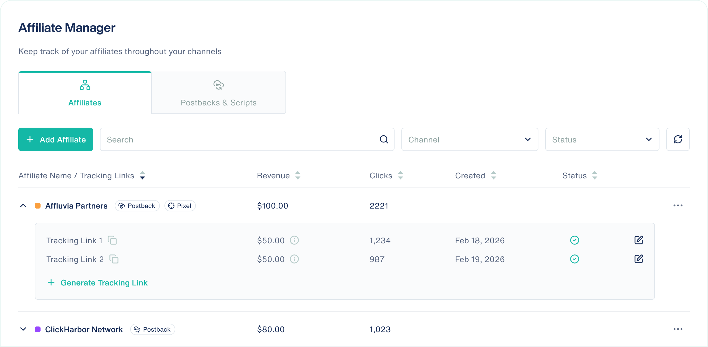 Affiliate manager listing partners with tracking links, revenue and clicks